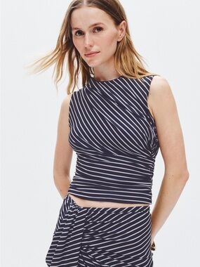 Ronny Kobo Cate Top | Navy and White Striped Sleeveless Twist Crop Top